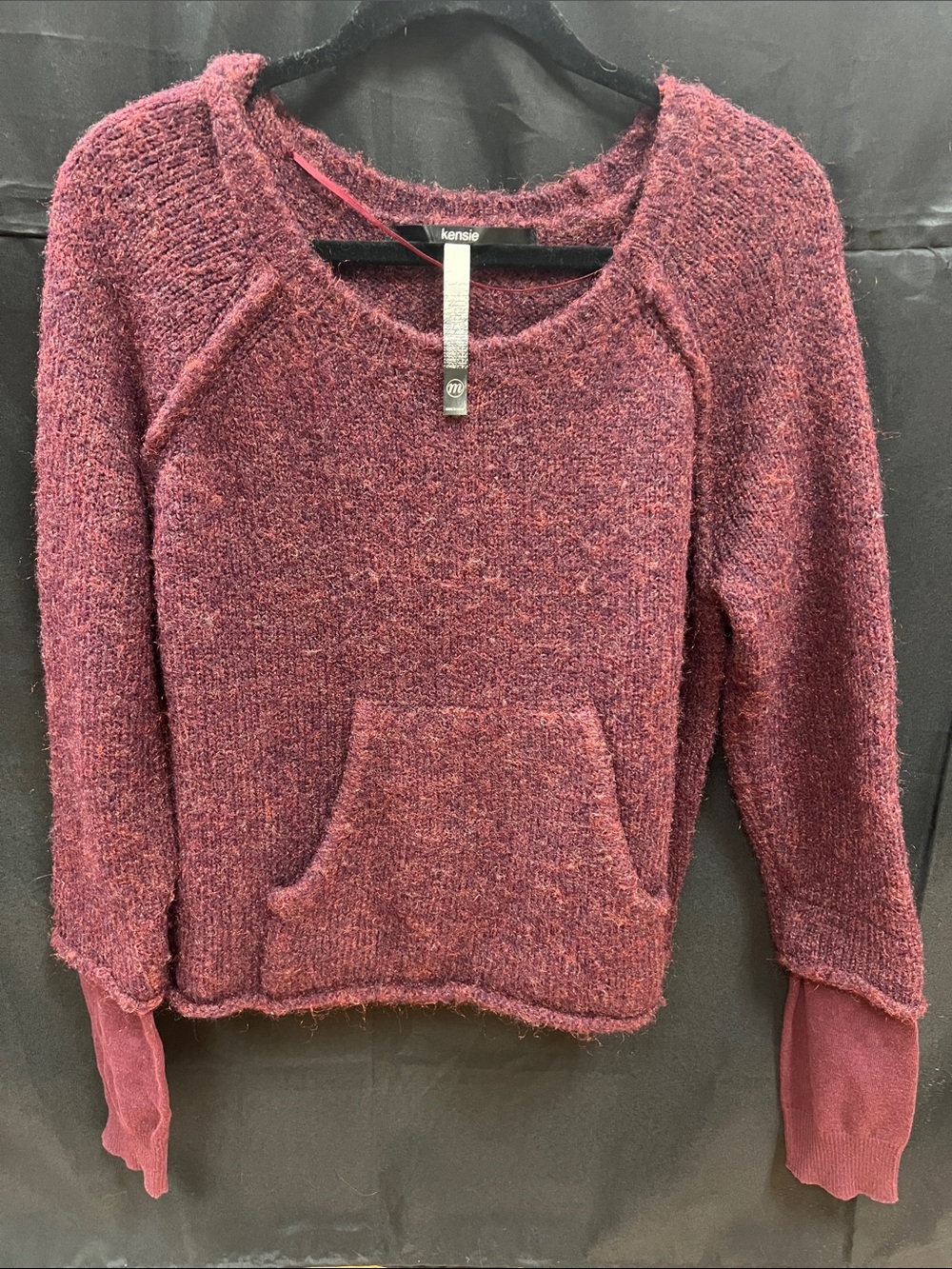 Kensie Marled Wine Crewneck Sweater with Kangaroo Pocket Sz m
